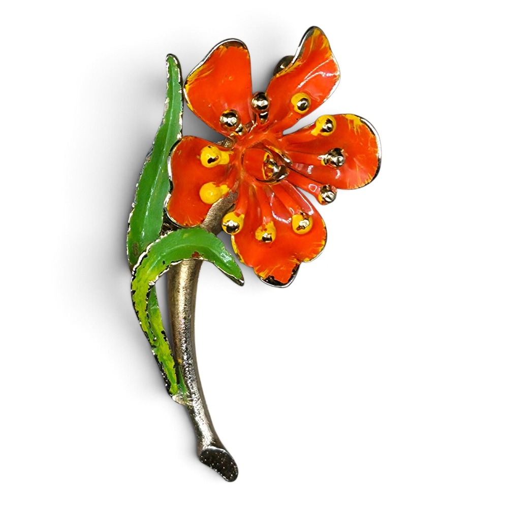 Vintage 1960s Enamel Flower Brooch Pin Red Yellow Stamen Green Stem Mod